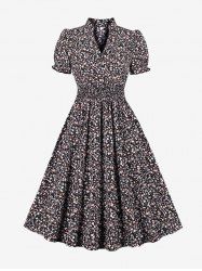 Flowers Print Ruched Waist Buttons Vintage Dress -  