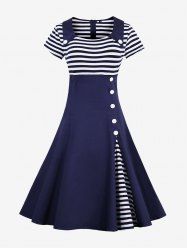 Stripe Print Patchwork Buttons Zipper Square Collar Vintage Dress -  