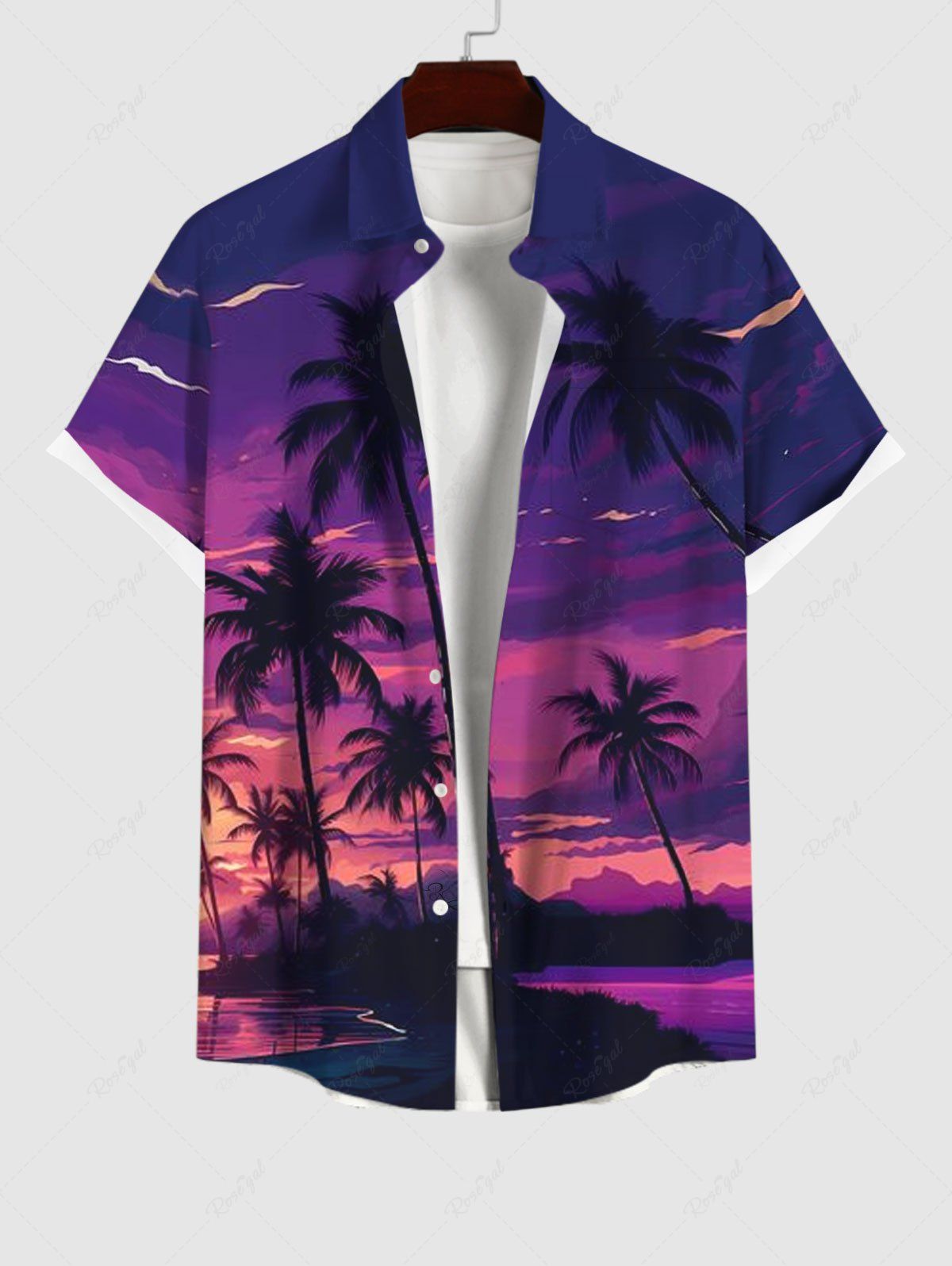Chemise Boutonnée Imprimé Cocotier et Ciel Grande Taille avec Poche Multi-A 4XL