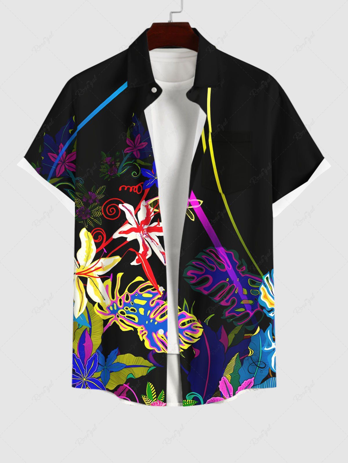 Chic Plus Size Tropical Leaves Floral Light Beam Print Hawaii Button Pocket Shirt For Men  