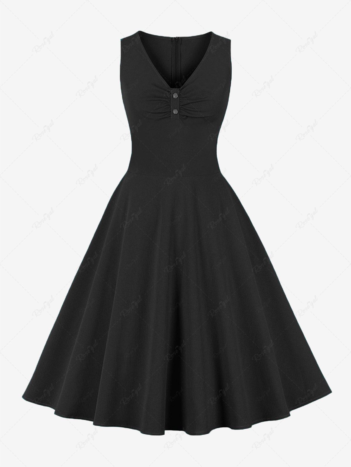 Chic Buttons Ruched Panel Zipper Back Vintage Dress  