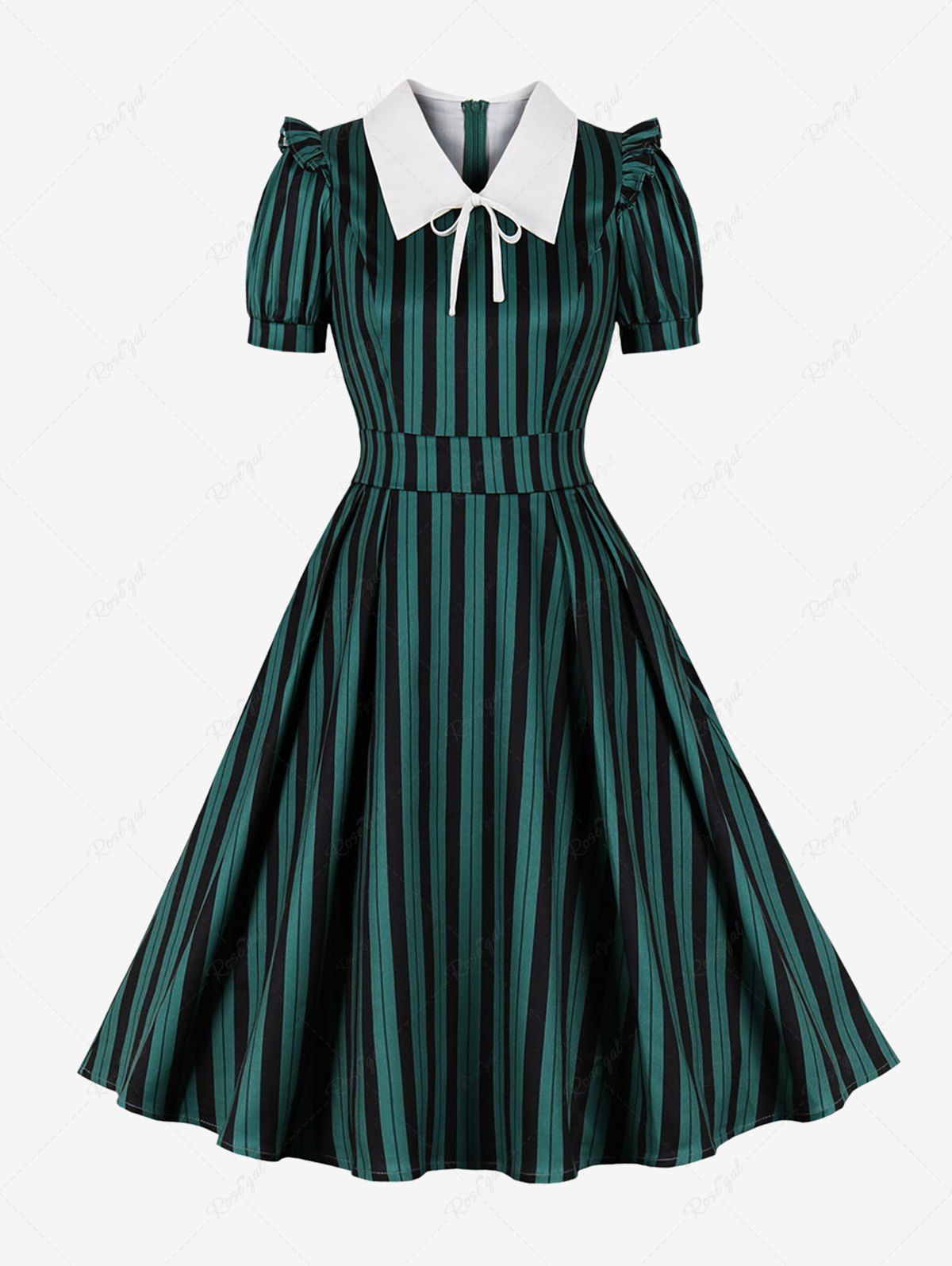 Fancy Stripes Print Puff Sleeve Ruffles Shoulder Flat Collar Zipper Vintage Dress  