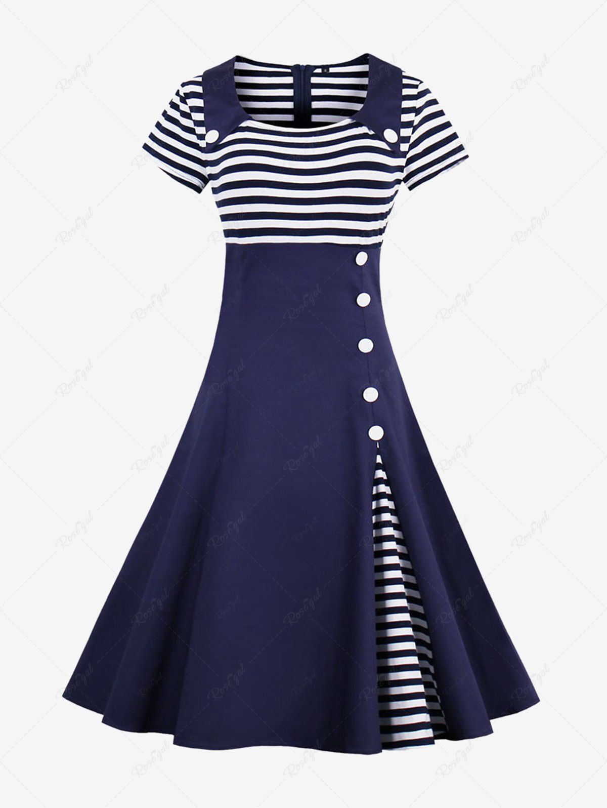 Latest Stripe Print Patchwork Buttons Zipper Square Collar Vintage Dress  