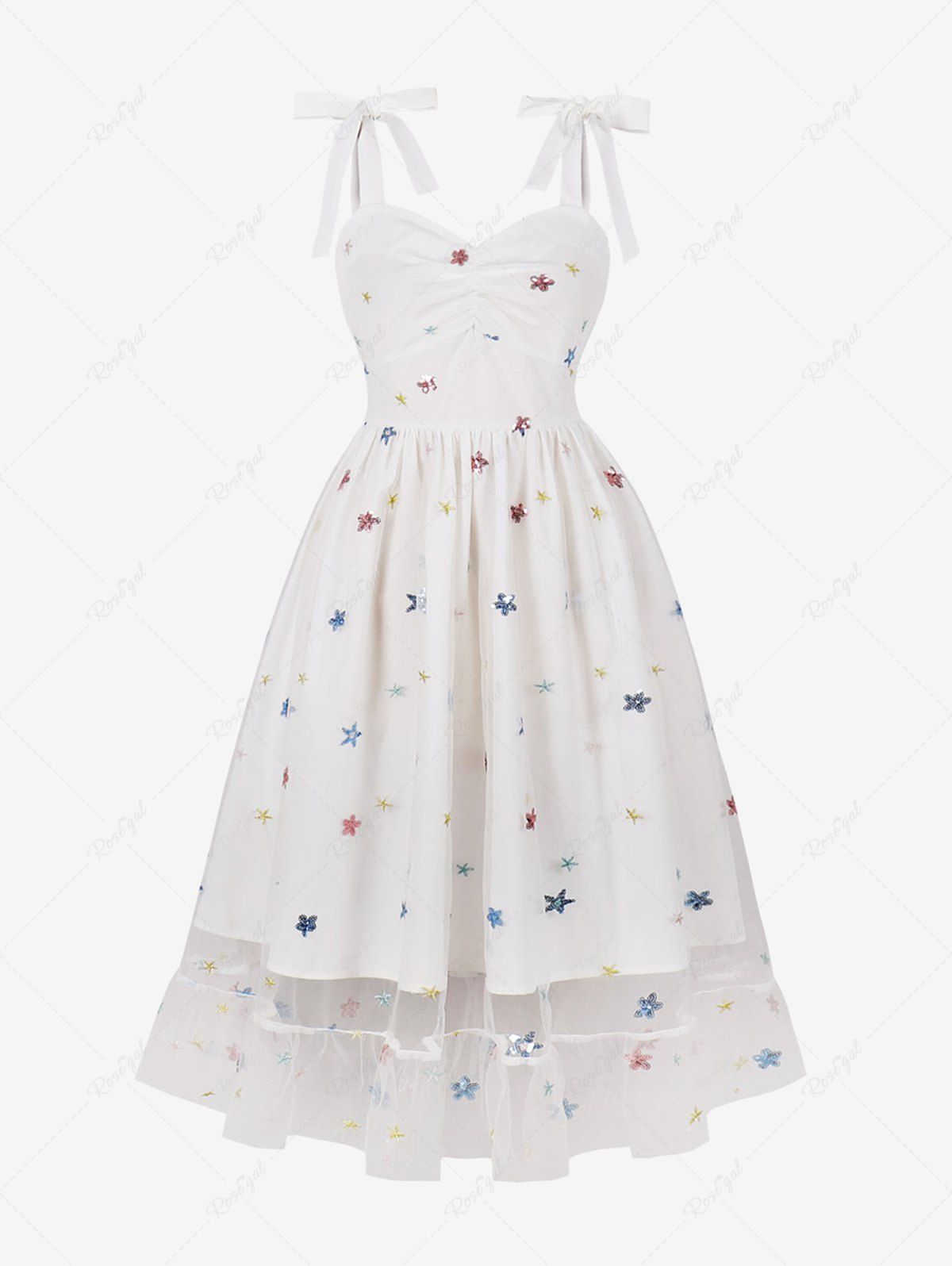 Sale Star Embroidery Sparkling Sequin Mesh Tie Bowknot Ruched Vintage Dress  