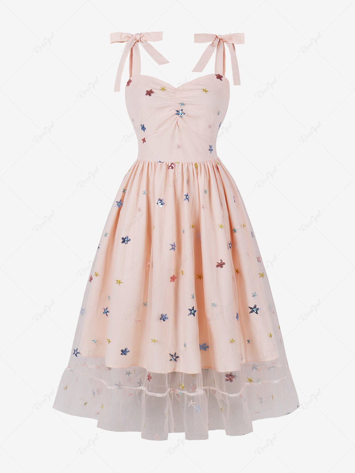 Fashion Star Embroidery Sparkling Sequin Mesh Tie Bowknot Ruched Vintage Dress  