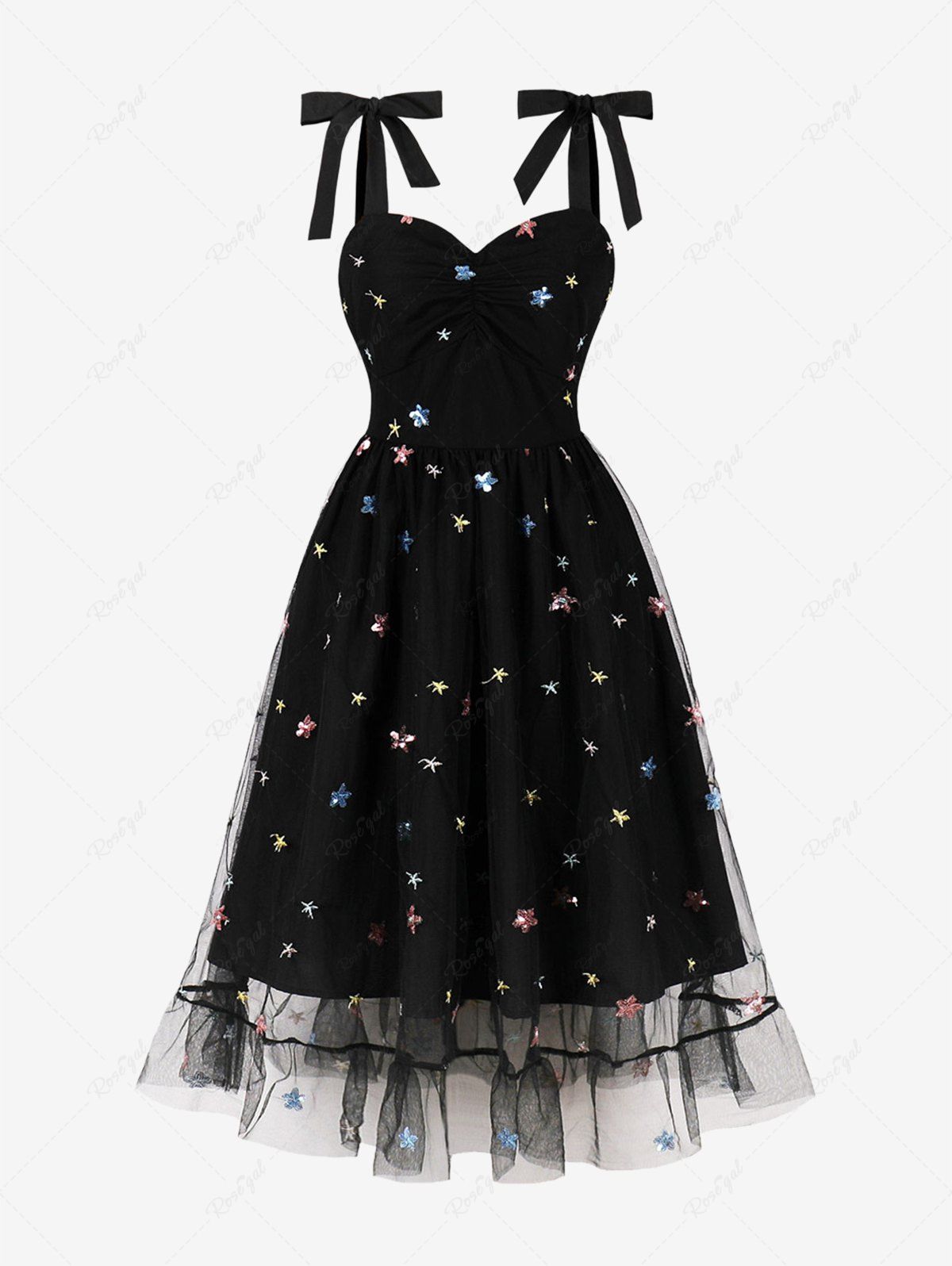 Outfit Star Embroidery Sparkling Sequin Mesh Tie Bowknot Ruched Vintage Dress  
