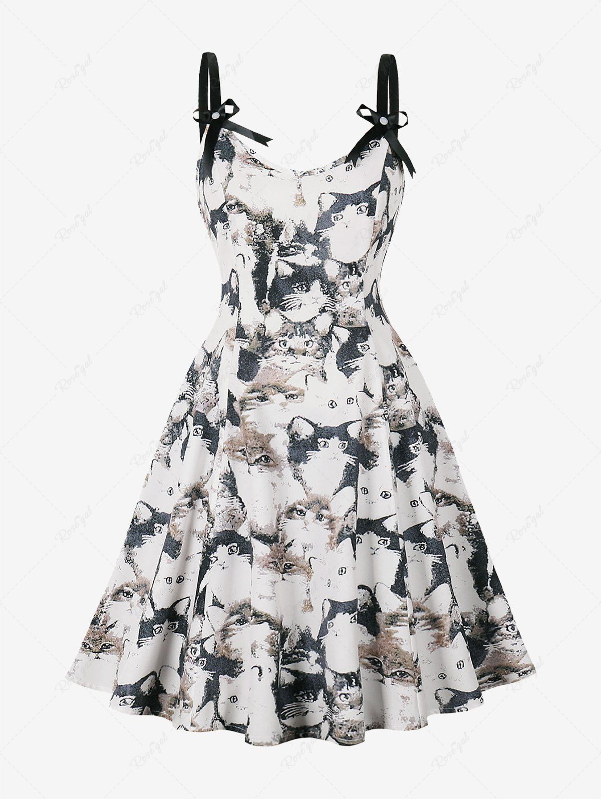 Buy Two Tone Rose Flower Print Tie Bowlknot Ruched Back Vintage Dress  