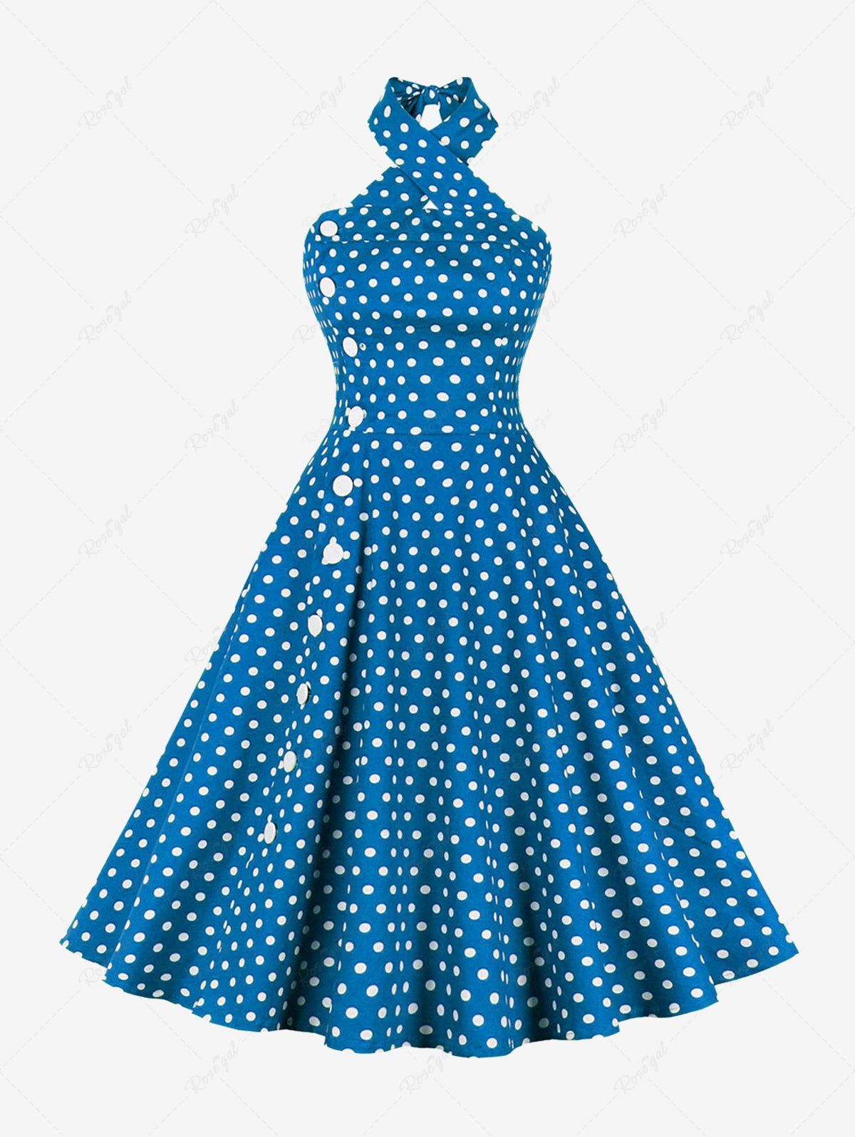 Cheap Polka Dots Print Buttons Halter Ruched Back Vintage Dress  