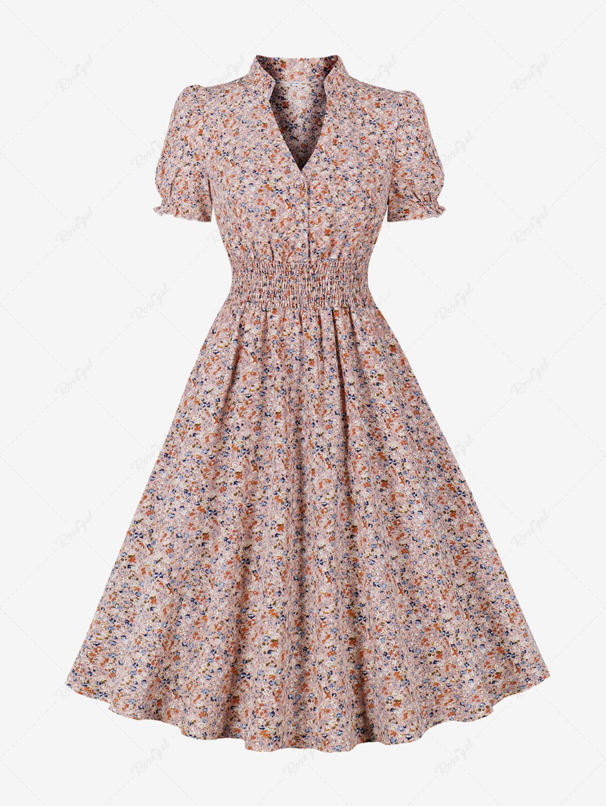 New Flowers Print Ruched Waist Buttons Vintage Dress  