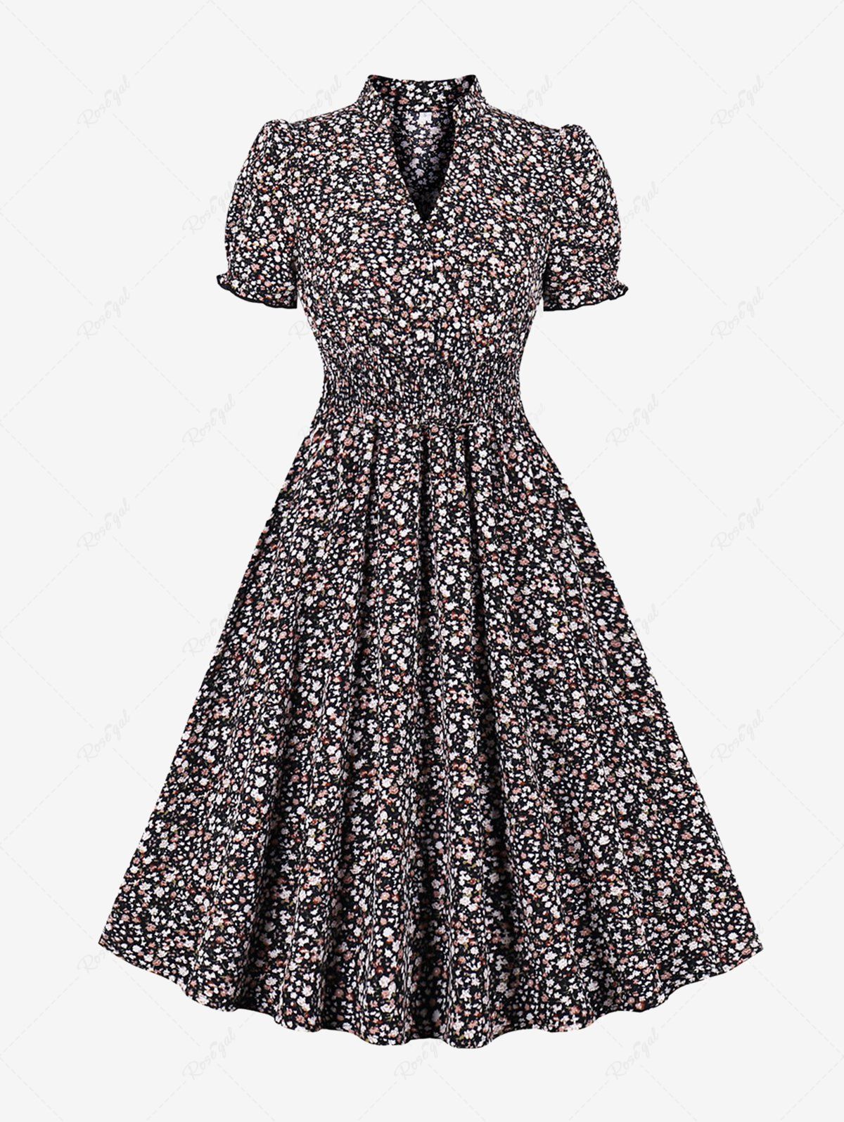 Cheap Flowers Print Ruched Waist Buttons Vintage Dress  