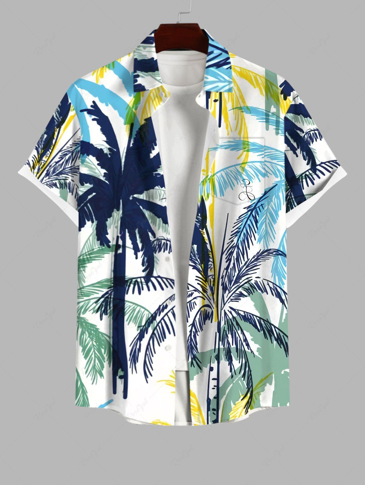 Unique Plus Size Colorful Coconut Tree Print Buttons Pocket Hawaii Shirt For Men  