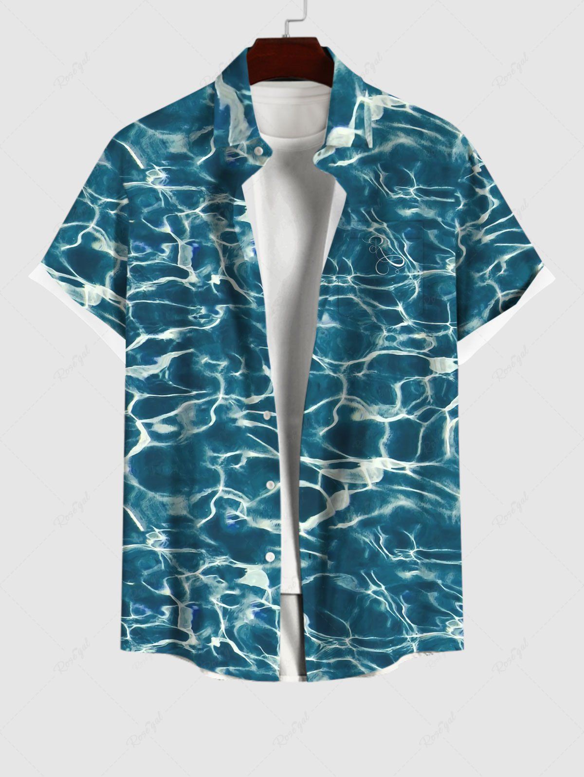Hot Plus Size Blue Aqua Sea Water Surface Floral Print Buttons Pocket Summer Hawaii Shirt For Men  
