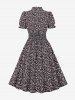 Flowers Print Ruched Waist Buttons Vintage Dress -  