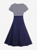 Stripe Print Patchwork Buttons Zipper Square Collar Vintage Dress -  