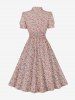 Flowers Print Ruched Waist Buttons Vintage Dress -  