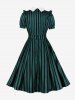 Stripes Print Puff Sleeve Ruffles Shoulder Flat Collar Zipper Vintage Dress -  
