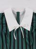 Stripes Print Puff Sleeve Ruffles Shoulder Flat Collar Zipper Vintage Dress -  