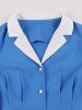 Ruched Button Down Turn Down Collar Vintage Dress -  