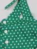 Polka Dots Print Buttons Halter Ruched Back Vintage Dress -  