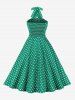 Polka Dots Print Buttons Halter Ruched Back Vintage Dress -  
