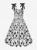 Two Tone Rose Flower Print Bowknot Tie Ruched Back Vintage Dress -  