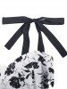 Two Tone Rose Flower Print Bowknot Tie Ruched Back Vintage Dress -  
