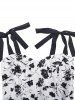Two Tone Rose Flower Print Bowknot Tie Ruched Back Vintage Dress -  
