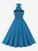 Polka Dots Print Buttons Halter Ruched Back Vintage Dress -  