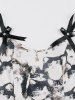 Two Tone Rose Flower Print Tie Bowlknot Ruched Back Vintage Dress -  