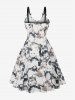 Two Tone Rose Flower Print Tie Bowlknot Ruched Back Vintage Dress -  