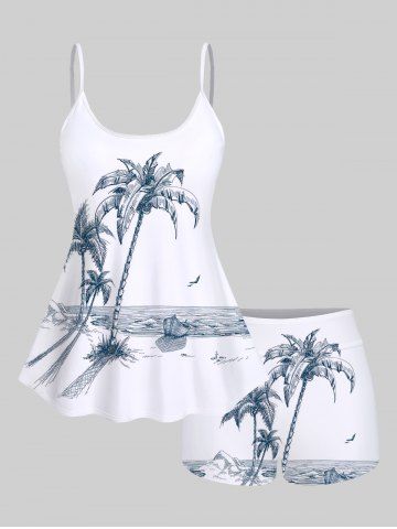 Coconut Tree Seascape Print Hawaii Boyleg Tankini Swimsuit(Adjustable Shoulder Strap) - WHITE - XS