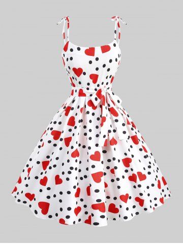 Plus Size Polka Dots Heart Print Pleated Tie Bowknot Vintage Dress With Belt - WHITE - S