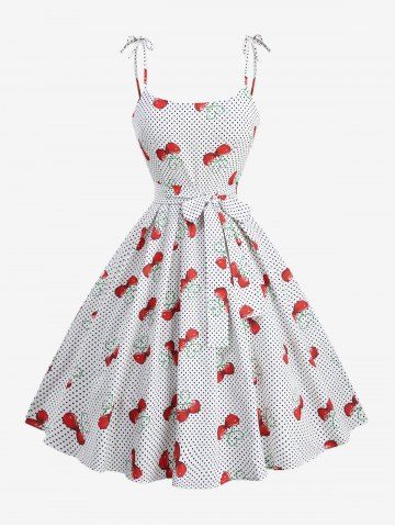 Plus Size Cherry Dots Heart Print Pleated Tie Bowknot Vintage Dress With Belt - MULTI-B - S