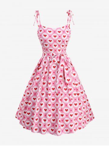 Plus Size Polka Dot Heart Circle Print Tie Shoulder Bowknot Cami Vintage Dress With Belt - LIGHT PINK - 1XL