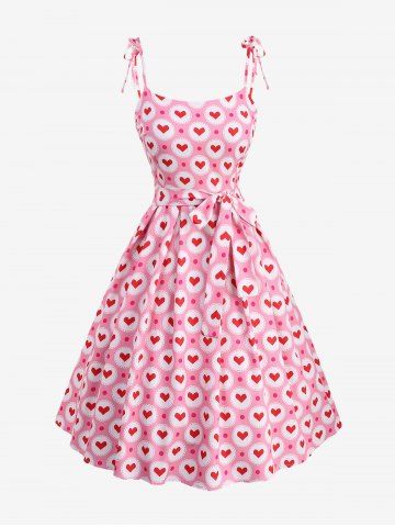 Plus Size Polka Dot Heart Circle Print Tie Shoulder Bowknot Cami Vintage Dress With Belt - LIGHT PINK - 3XL