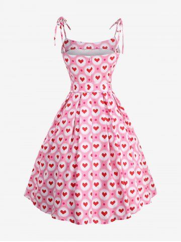 Plus Size Polka Dot Heart Circle Print Tie Shoulder Bowknot Cami Vintage Dress With Belt