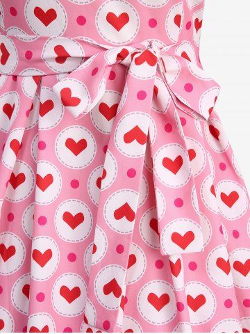 Plus Size Polka Dot Heart Circle Print Tie Shoulder Bowknot Cami Vintage Dress With Belt