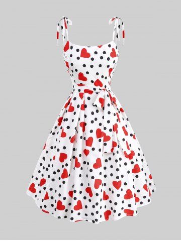 Plus Size Polka Dot Heart Print Tie Shoulder Bowknot Cami Vintage Dress With Belt - WHITE - 1XL