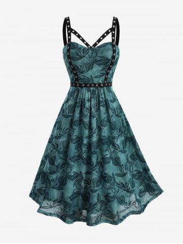 Plus Size Floral Leaf Printed Mesh Straps Cut Out Grommet A Line Vintage Ombre Tank Dress - DEEP GREEN - L | US 12