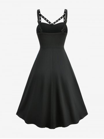 Plus Size Floral Leaf Printed Mesh Straps Cut Out Grommet A Line Vintage Ombre Tank Dress