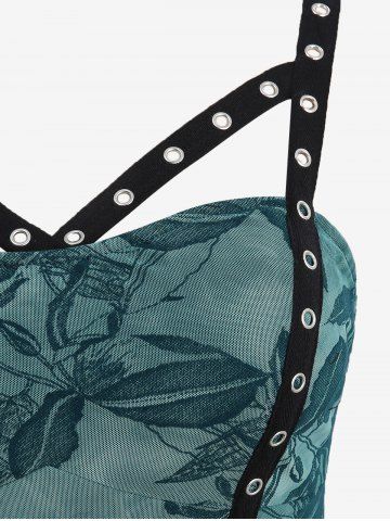 Plus Size Floral Leaf Printed Mesh Straps Cut Out Grommet A Line Vintage Ombre Tank Dress