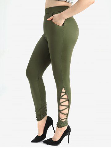 Plus Size Hollow Out Crisscross Solid Pocket Skinny Leggings - DEEP GREEN - L | US 12