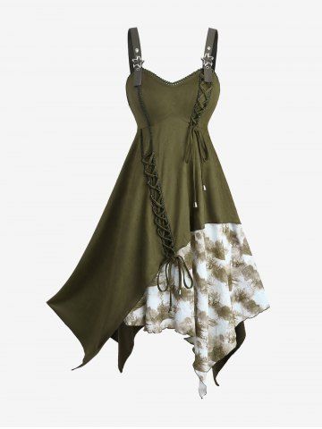 Plus Size Tie Dye Tree Print Lace-up Grommets Star Buckle Lace Trim Asymmetrical Tank Dress - GREEN - L | US 12