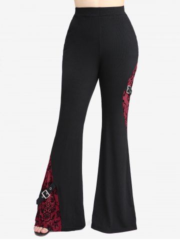 Plus Size Floral Mesh Flockinig Buckle Grommet Ribbed Pockets Flare Pants - BLACK - M | US 10