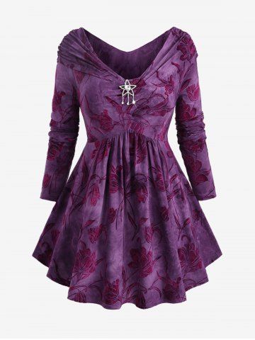 Plus Size Ruched Off The Shoulder Tulip Flower Flocking Glitter Sparkling Star Buckle Velvet Top - PURPLE - M | US 10