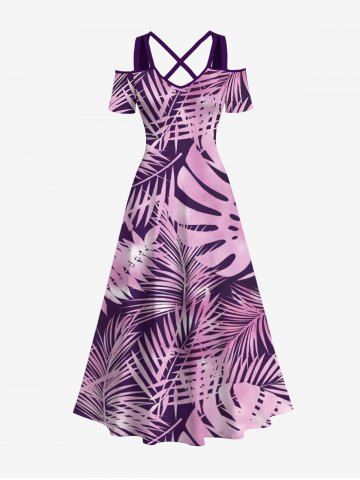 Plus Size Tropical Leaf Ombre Print Crisscross Cold Shoulder Hawaii Maxi Dress - PURPLE - XXS