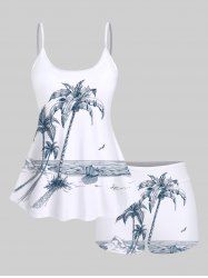 Maillot de Bain Tankini Hawaïen à Bretelles Réglable avec Imprimé Cocotiers et Paysage Marin Grande-Taille - Blanc XS