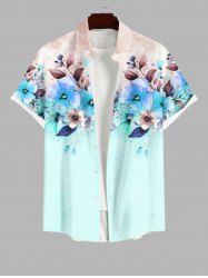 Chemise Fleurie Feuille Imprimée Contrastée Teintée avec Poche de Grande Taille pour Homme - Bleu clair M