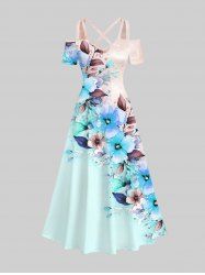 Plus Size Cold Shoulder Floral Leaf Tie Dye Contrast Colorblock Print Hawaii Crisscross A Line Maxi Dress -  