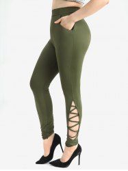 Plus Size Hollow Out Crisscross Solid Pocket Skinny Leggings -  